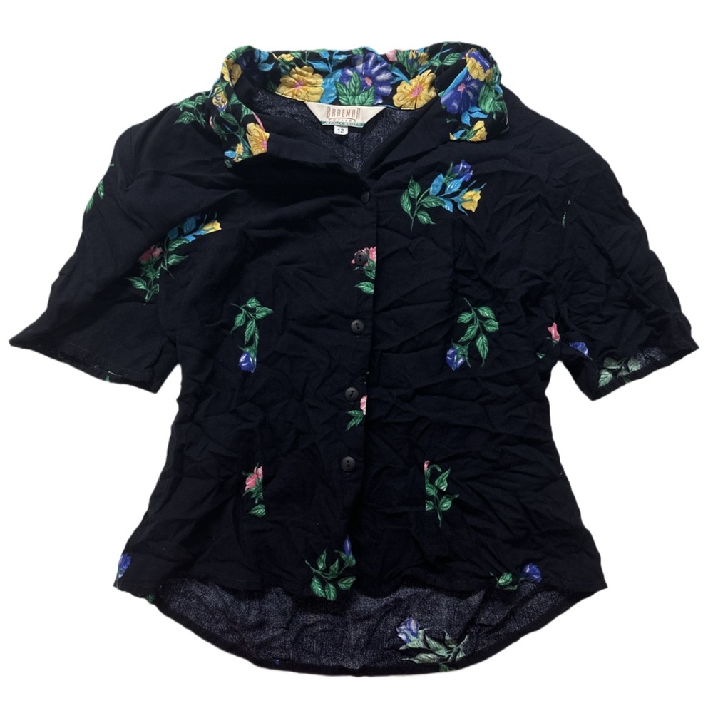 80s BRAEMAR X JEREMY SCOTT women's black floral blouse w/shoulder pads, 12 US.